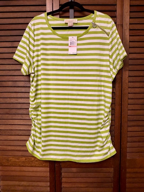 MICHAEL Michael Kors Tops - NWT MICHAEL KORS Green and White Striped Short-Sleeve Tee with Zip Detail